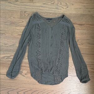 American Eagle Outfitters Olive Lace Button-Up Blouse